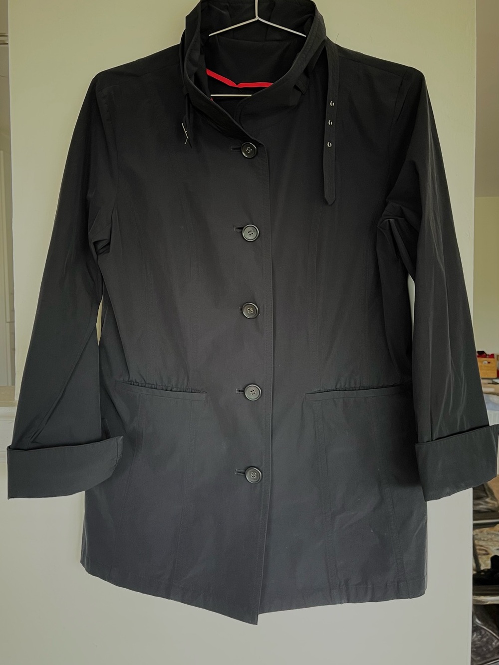 Women’s Black Bellucci Trench Coat with Stand/Funnel Collar SzS Great details
